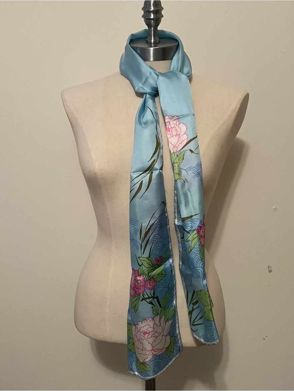 VTG Burmel Blue Pink Floral Asian Silk Scarf Rectangle 9 X 58in Hand Rolled